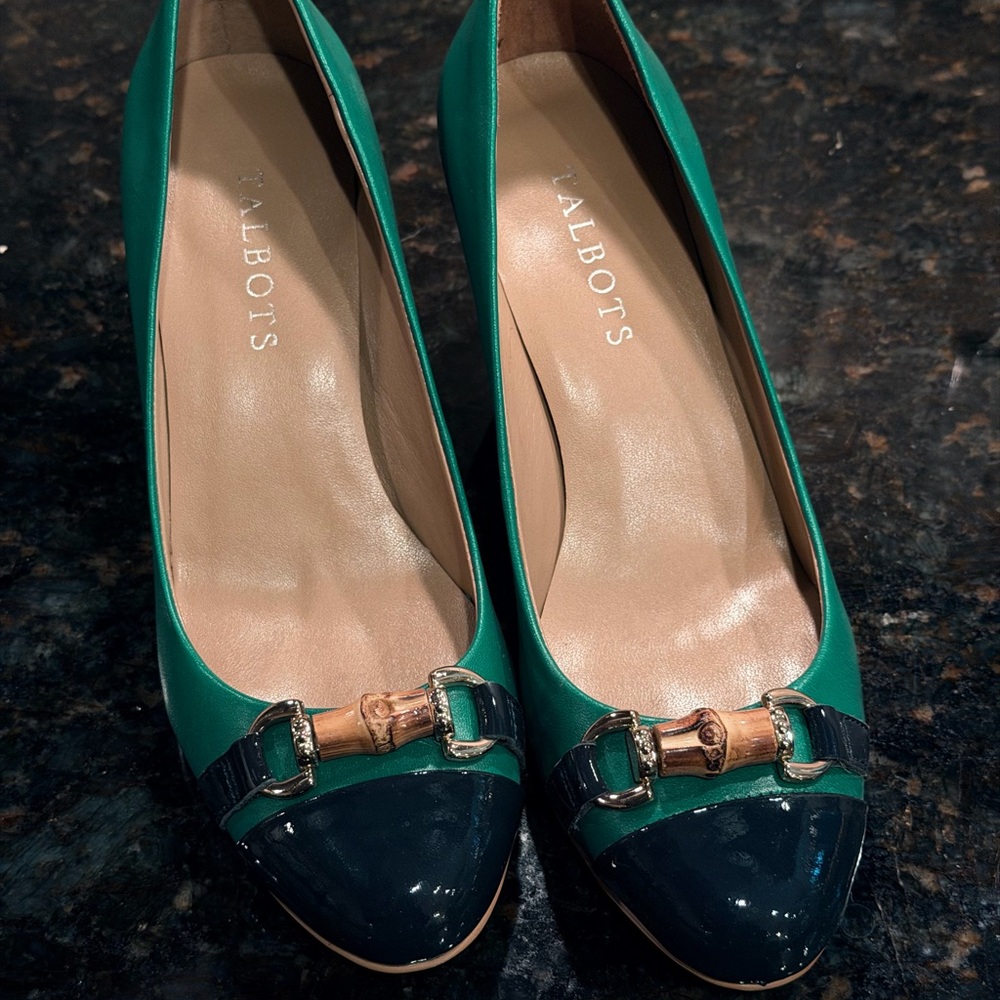 Talbots Green leather and Navy patent Heels with Buckle Detail